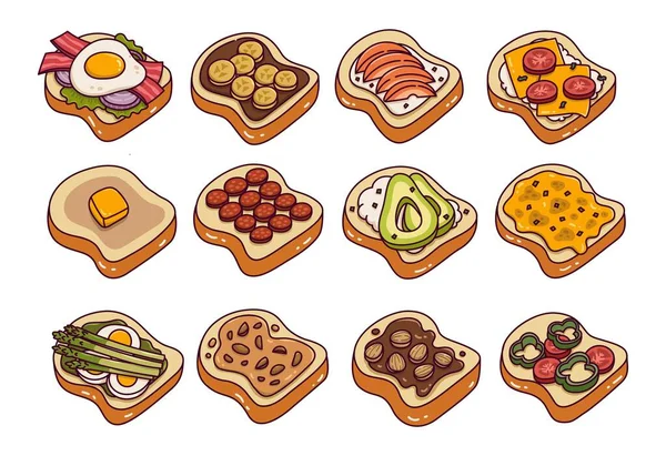 Pan Tostado Toppings Doodle Set Ilustración Vectorial — Archivo Imágenes Vectoriales