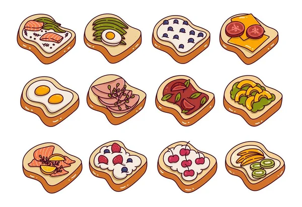 Toast Bread Toppings Doodle Set Vector Illustration - Stok Vektor