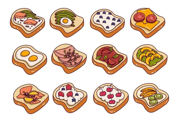 Toast Pane Guarnizioni Doodle Set Illustrazione Vettoriale — Vettoriale Stock