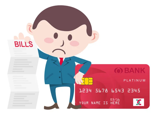 Homme d'affaires avec factures et carte de crédit — Image vectorielle