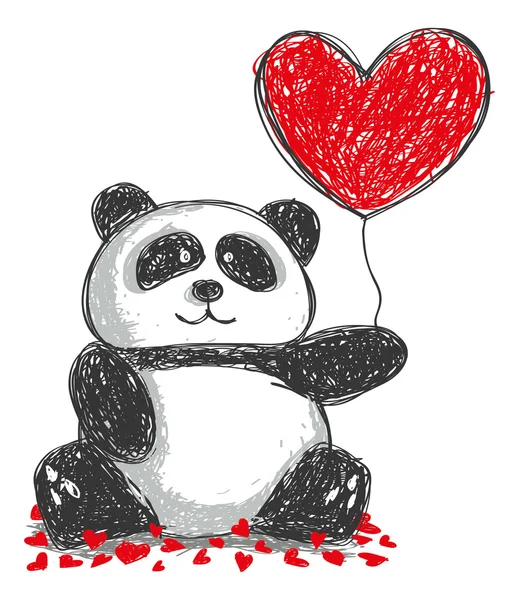 Panda doodle com balão de amor —  Vetores de Stock