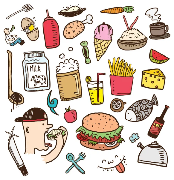 Couleur dessin animé nourriture, boissons icônes — Image vectorielle
