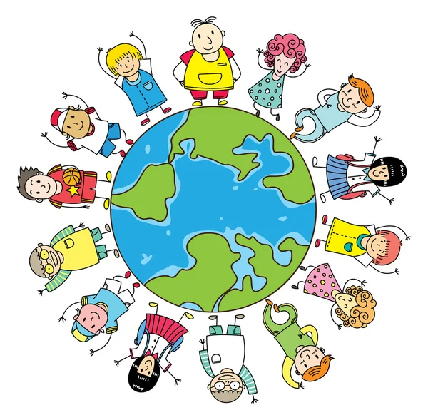 Cartoon children on earth planet — Stock Vector