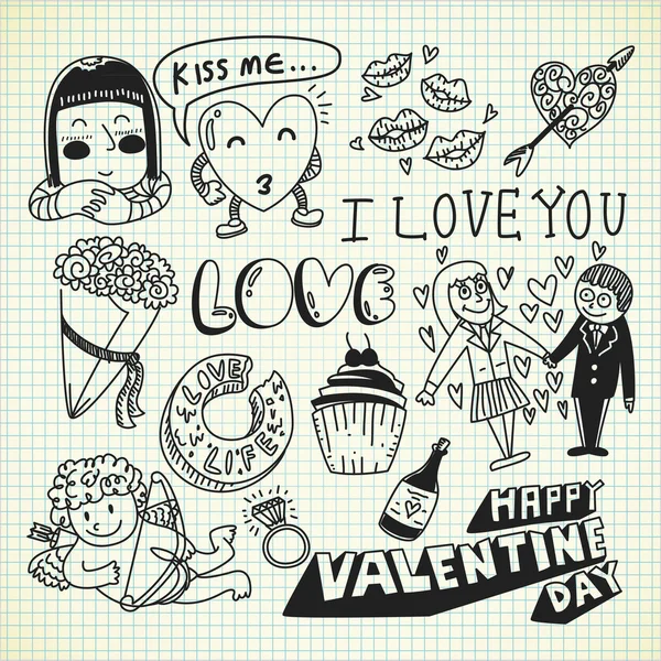 Día de San Valentín iconos de dibujos animados conjunto — Vector de stock