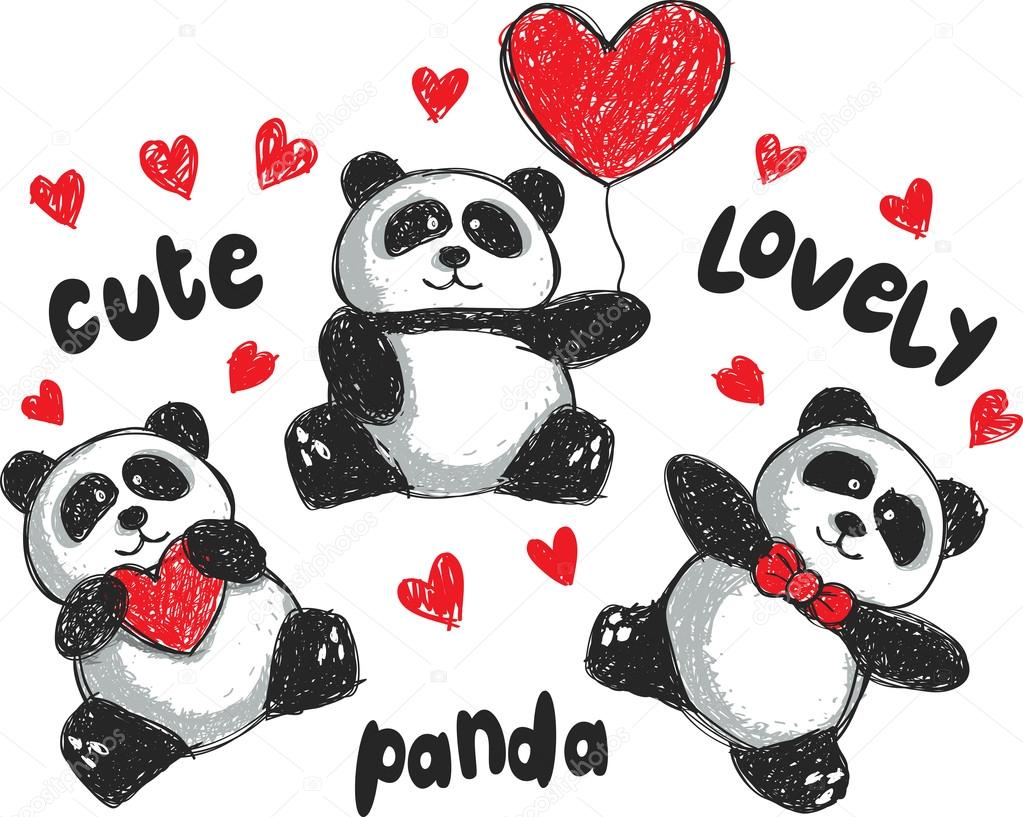 Three cartoon love pandas