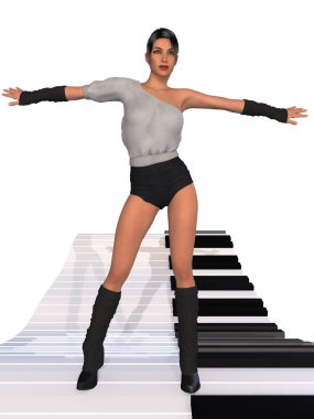 Klavyede dans eden genç bir kadının üç boyutlu resmi