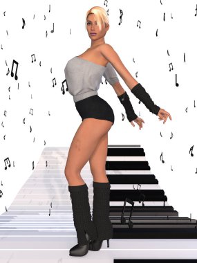 Klavyede dans eden genç bir kadının üç boyutlu resmi