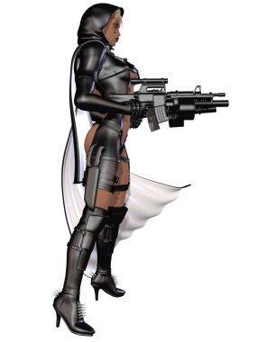 Vampir avcısı kostümlü seksi bir kadının 3 boyutlu resmi.