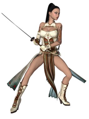 Doğulu bir boksör kostümü giymiş bir kadının üç boyutlu resmi.