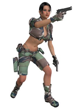 Askeri kıyafetli seksi bir kadının üç boyutlu resmi.