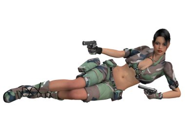 Askeri kıyafetli seksi bir kadının üç boyutlu resmi.