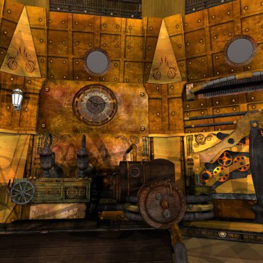 Fantezi steampunk arkaplanının 3D çizimi
