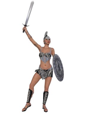 Roma Centurion zırhı giymiş, savaş pozisyonunda bir kadının üç boyutlu resmi. 