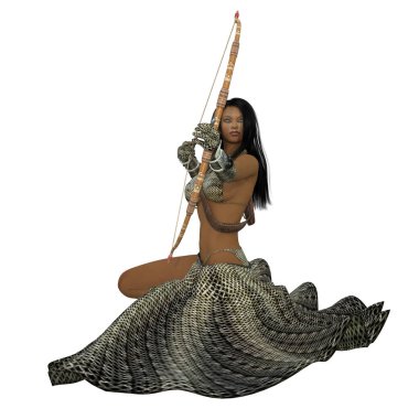 Fantezi elbiseli seksi bir kadının üç boyutlu resmi.