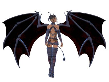 Fantezi elbiseli seksi bir kadının üç boyutlu resmi.