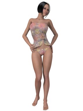 Plaj kıyafetli seksi bir kadının üç boyutlu resmi. 