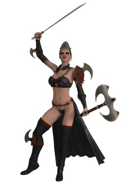 Fantezi elbiseli seksi bir kadının üç boyutlu resmi.