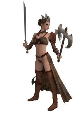 Fantezi elbiseli seksi bir kadının üç boyutlu resmi.