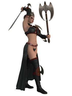 Fantezi elbiseli seksi bir kadının üç boyutlu resmi.