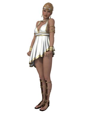 Eski tanrıça kıyafeti giymiş seksi bir kadının 3 boyutlu resmi.