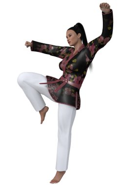 Karate pozu vermiş bir kadının üç boyutlu resmi. 