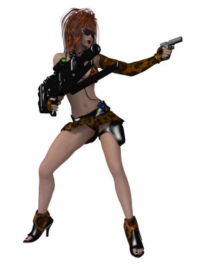 Fütürist kıyafetli seksi bir kadının 3 boyutlu resmi. 