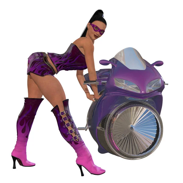 Illustrazione Una Donna Sexy Con Una Moto Reazione Futuristica — Foto Stock