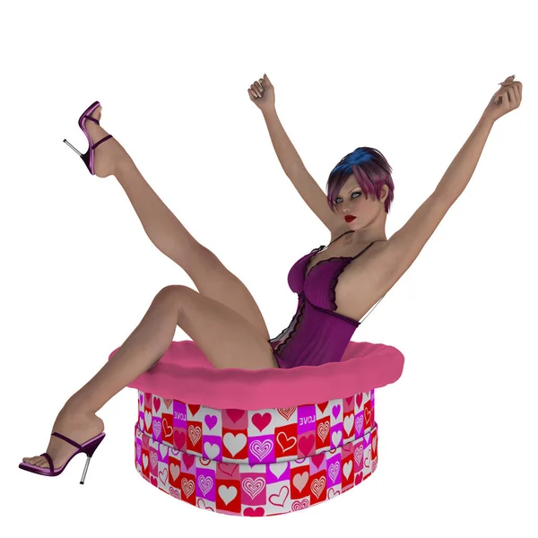 Ilustração Uma Mulher Sexy Posando Com Uma Caixa Presente — Fotografia de Stock