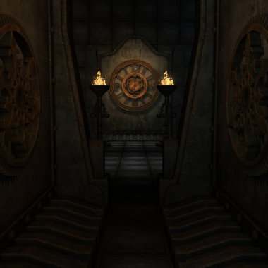 Buharlı punk atmosferli bir fantezi arka planının 3 boyutlu çizimi 