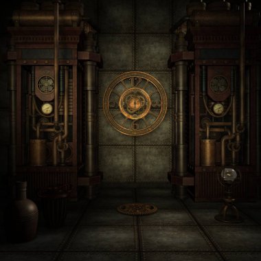 Buharlı punk atmosferli bir fantezi arka planının 3 boyutlu çizimi 