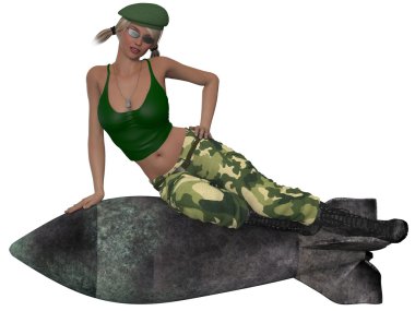 Sexy military girl posing with a bomb clipart