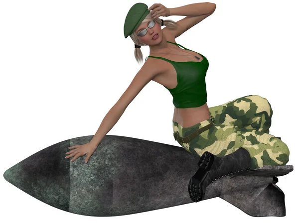 Sexy military girl posing with a bomb — Stock Photo, Image