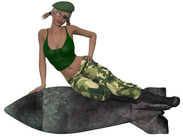 性感的军事女孩构成与一颗炸弹 — 图库照片