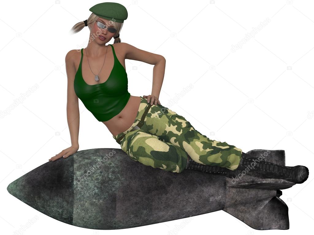 Sexy military girl posing with a bomb