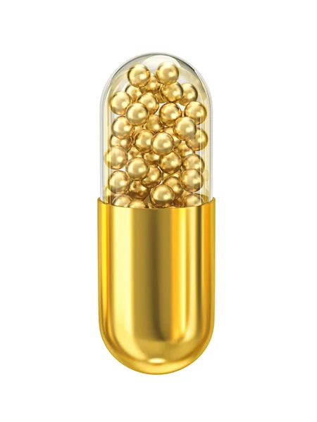 Zlatá Kapsle Pilulka Kuličkami Uvnitř Izolované Bílém Vykreslování Oříznutou Cestou — Stock fotografie