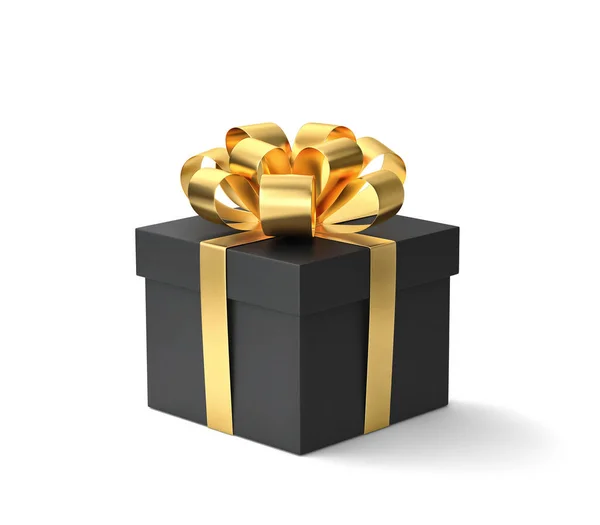 Черная Подарочная Коробка Золотой Лентой Изолированная Белом Рендеринг Возможностью Обрезки Стоковая Картинка