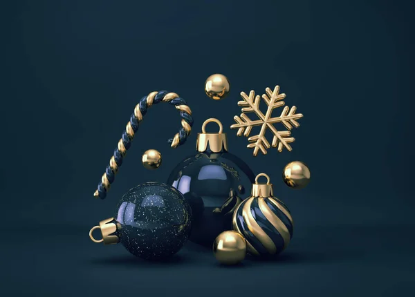 Decoração Natal Azul Escuro Dourado Bolas Natal Cana Açúcar Floco — Fotografia de Stock