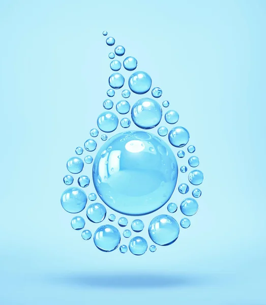 Esferas Brillantes Forma Gota Agua Sobre Fondo Azul Renderizado —  Fotos de Stock