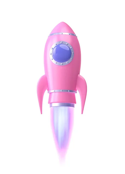 火箭发射 在白色上隔绝火焰的卡通粉色宇宙飞船 带有剪切路径的3D渲染 — 图库照片