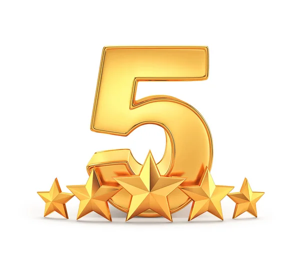 Gold Five Star Quality Rating Isolated White Rendering — Stock Photo, Image