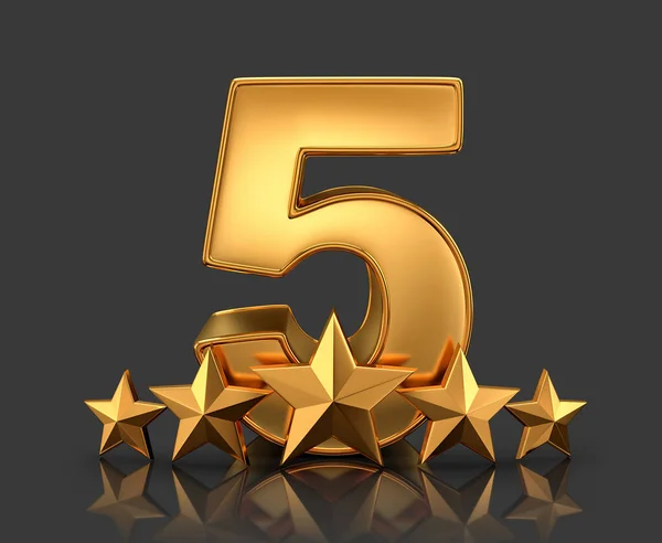 Gold Five Star Quality Rating Reflection Isolated Black Rendering Clipping — Stock Photo, Image