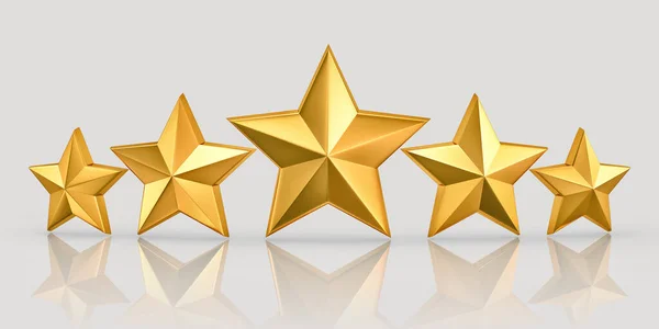 Classificação Qualidade Cinco Estrelas Douradas Com Reflexão Isolada Cinza Renderização — Fotografia de Stock