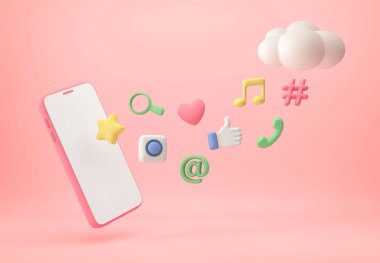 Uygulama simgelerine ve pastel pembe arka planda bulutlara sahip akıllı telefon. 3B görüntüleme