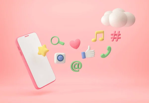 Uygulama simgelerine ve pastel pembe arka planda bulutlara sahip akıllı telefon. 3B görüntüleme