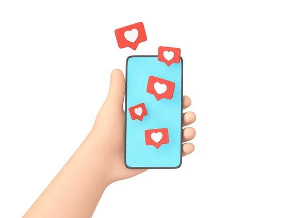 Cartoon Hand Houden Smartphone Met Net Als Symbolen Sociaal Media — Stockfoto