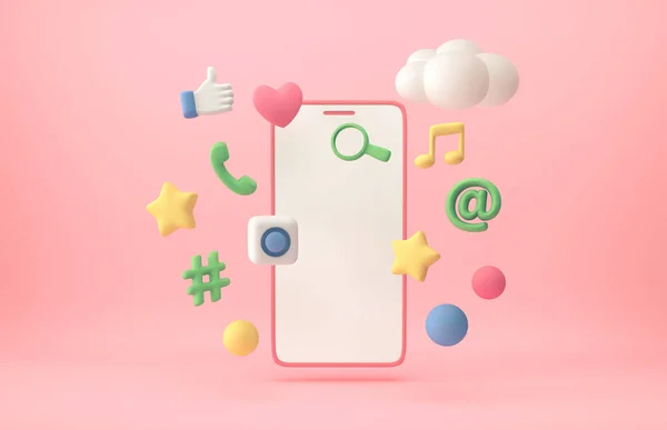 Smartphone Med Program Ikoner Och Moln Pastell Rosa Bakgrund Rendering — Stockfoto