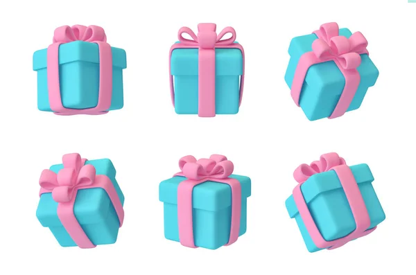 Set of gift boxes with ribbon and bow isolated on white. 3D rendering with clipping path