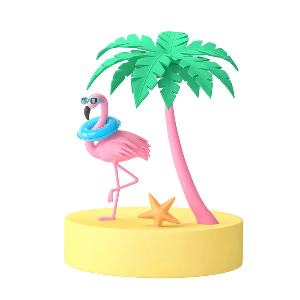 Tropisk Med Palm Och Rolig Rosa Flamingo Isolerad Vitt Rendering — Stockfoto