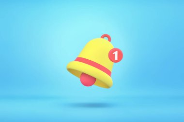 Sarı ve kırmızı uyarı zili ve mavi arka planda yeni bir uyarı. 3B görüntüleme