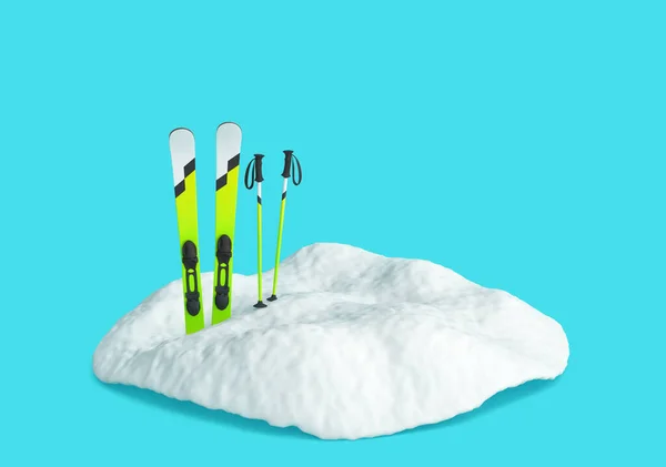 青い背景に隔離された雪の中のスキー 冬のシーズンとスキーのコンセプト 3Dレンダリング — ストック写真